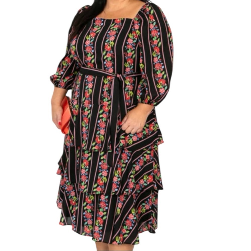 Maison Tara Floral Layered Maxi Dress Black Coral SZ 18